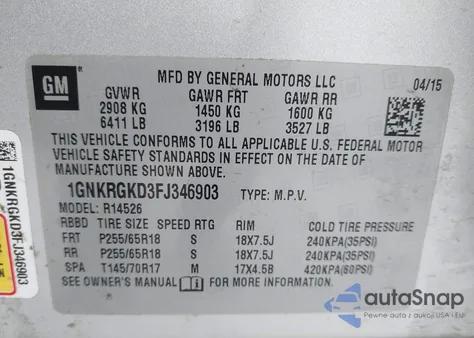 2015 Chevrolet Traverse 1Lt из США, поврежденный, VIN 1GNKRGKD3FJ346903